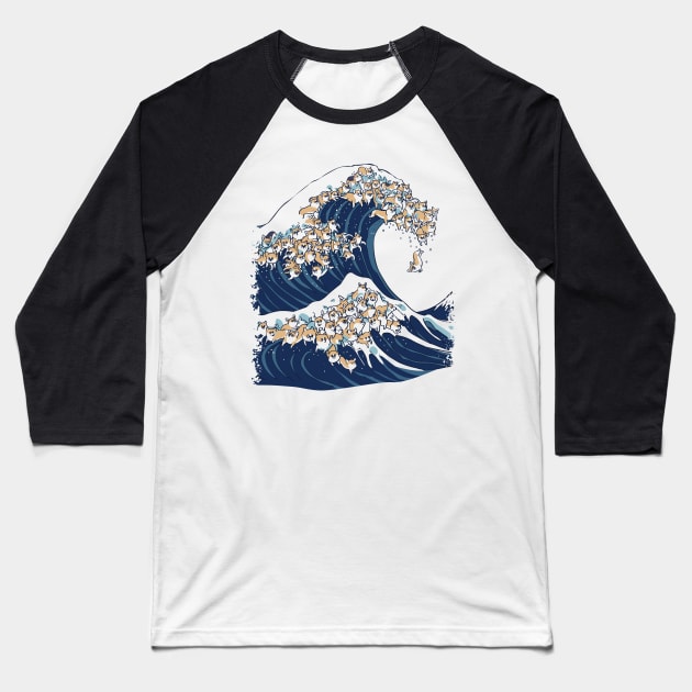 The Great Wave of Corgi Baseball T-Shirt by huebucket